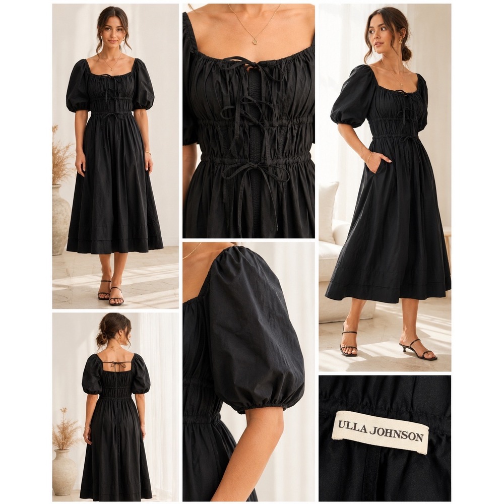 Ulla Johnson Black Cotton Blend Puff Sleeve Tie-Front Midi Dress Size 4–6